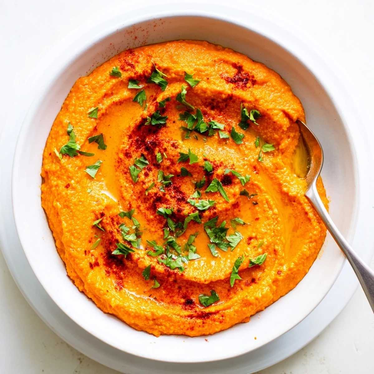 Smooth, creamy roasted red pepper hummus in a white bowl, drizzled with golden olive oil and sprinkled with smoked paprika.  