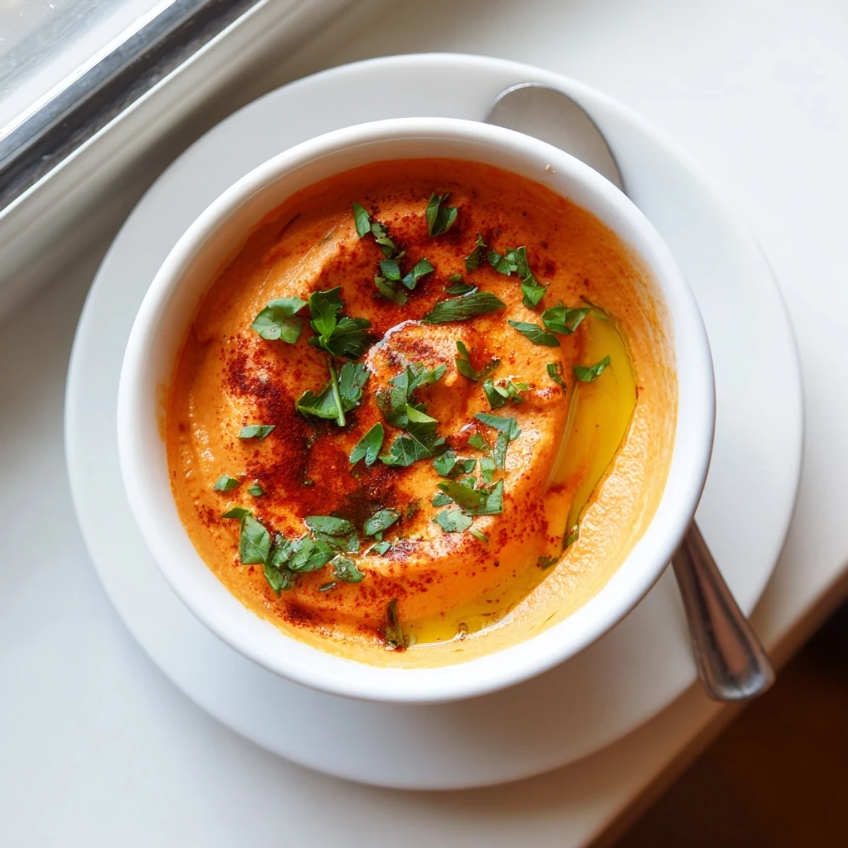 A vibrant bowl of roasted red pepper hummus garnished with fresh parsley, served alongside pita bread and crisp vegetable sticks.  