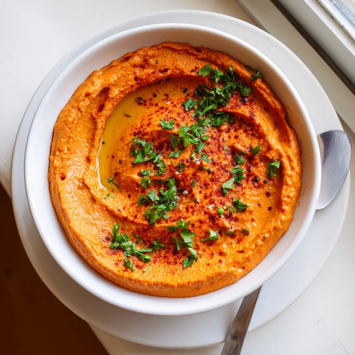 Homemade roasted red pepper hummus spread on a whole wheat pita, showcasing its rich color and smooth, velvety texture.