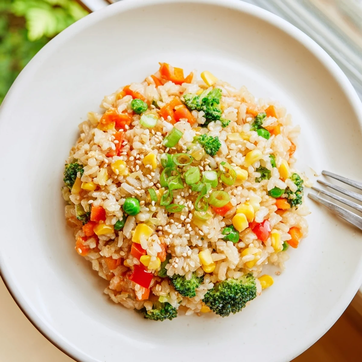 A vibrant bowl of homemade vegetable fried rice packed with colorful carrots, peas, and bell peppers.  