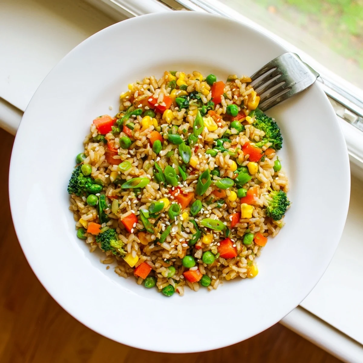 This easy Asian-inspired vegetable fried rice features fluffy grains, crisp broccoli, and a savory sesame sauce.  