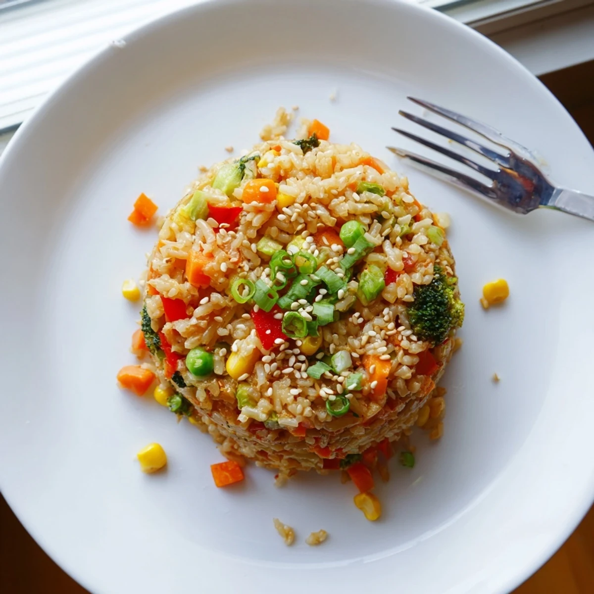 Steaming hot vegetable fried rice served as a main dish with fresh green onions and toasted sesame seeds.