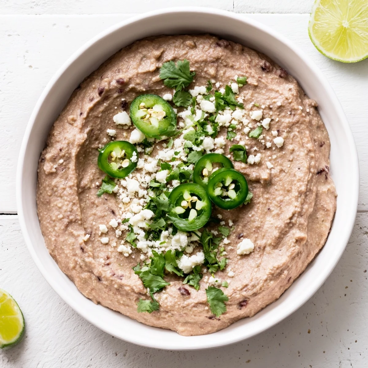 Close-up of Spicy Black Bean Dip, smooth and chunky, topped with jalapeño slices and crumbled cotija cheese for game day.
