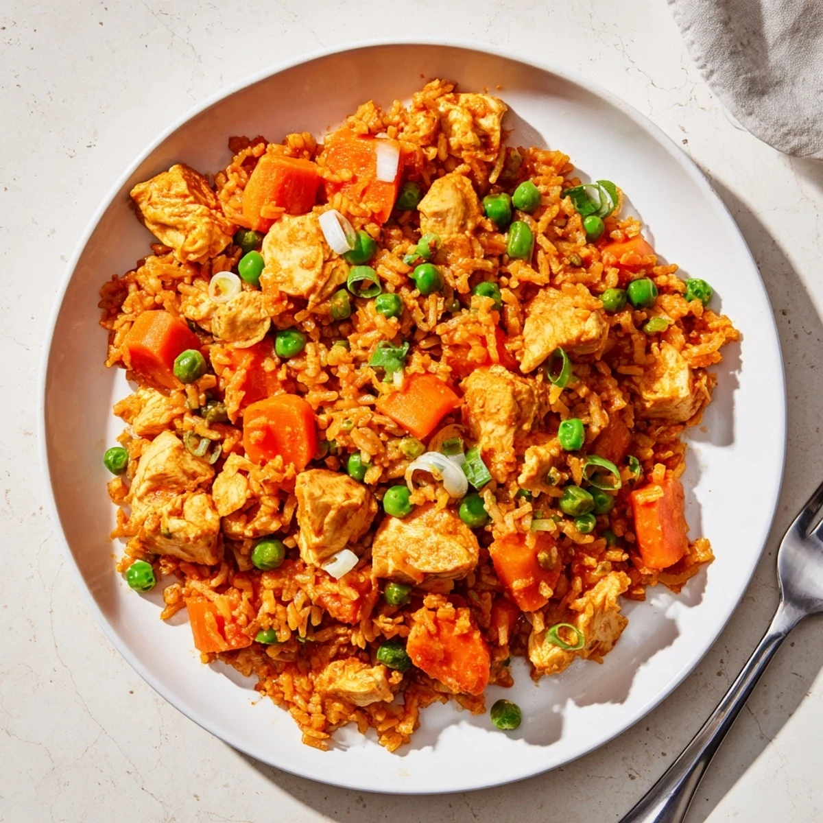 Golden Butter Chicken Fried Rice with peas, carrots, and green onions in a black bowl, topped with fresh cilantro and a lime wedge on a dark rustic table.