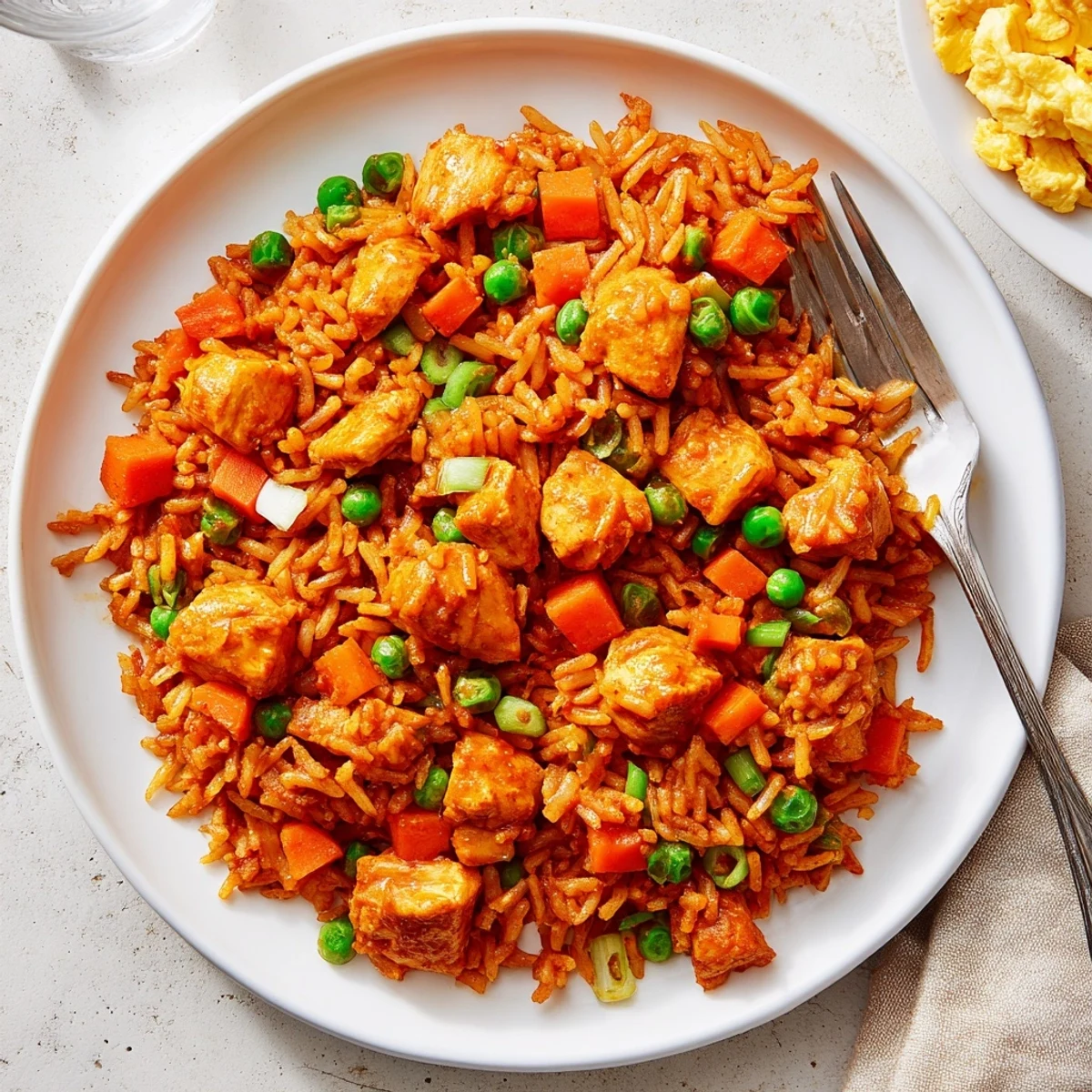 Close-up of a fork lifting savory Butter Chicken Fried Rice from a white ceramic plate, highlighting the creamy sauce coating the rice and fresh scallion garnish.