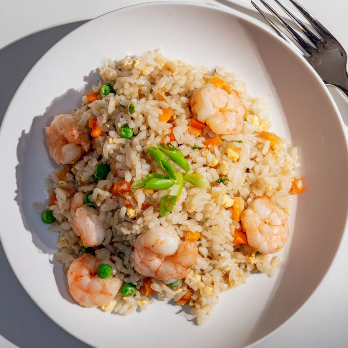A close-up of fluffy jasmine rice tossed with succulent shrimp, crisp peas, and carrots, garnished with fresh spring onions and lime wedges.  