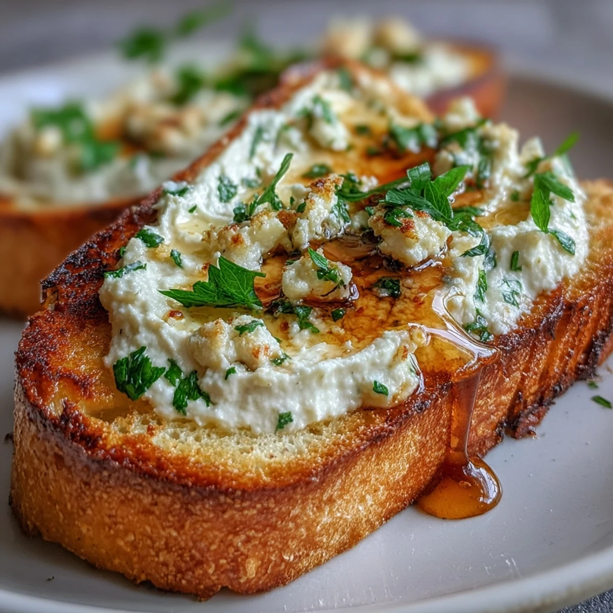 Golden Garlic Bread with Creamy Ricotta and Spicy Honey Drizzle
