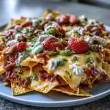 A vibrant Summer Party Nacho Board with strawberry salsa, topped with melted cheese, black beans, and fresh avocado slices.