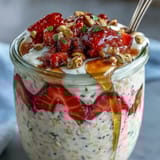 A creamy jar of strawberry and pistachio overnight oats topped with fresh berries and a golden honey drizzle for a wholesome breakfast.