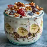 Fluffy Yogurt Banana Split Breakfast Jar with creamy yogurt, fresh berries, and crunchy granola in a portable glass.