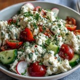 Savory cottage cheese breakfast bowl with fresh veggies, herbs, and a drizzle of olive oil for a protein-packed morning meal.  