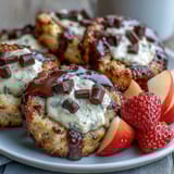 Wholesome cottage cheese cookie dough dip with mini chocolate chips, perfect for a healthy dessert or snack with fruit.  