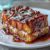 Golden-brown Capirotada Mexicana, a comforting Mexican bread pudding with syrup.