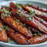 Glistening honey glazed roasted carrots with thyme, an easy, flavorful side dish.