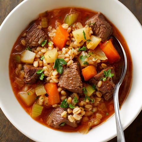 Hearty Beef and Barley Stew with vibrant root vegetables, slow-cooked to tender perfection.
