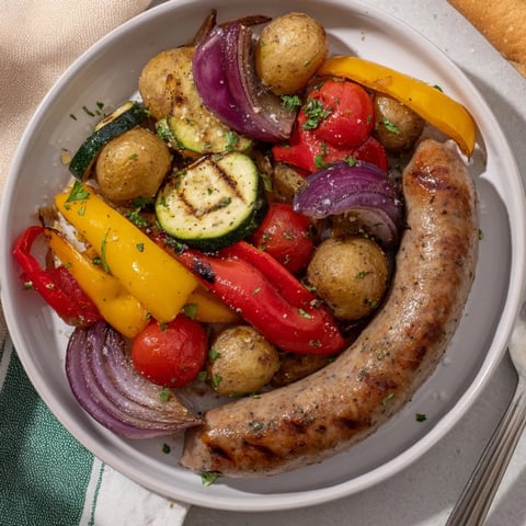 A delicious one-pan sausage and vegetable bake with vibrant roasted veggies.  
