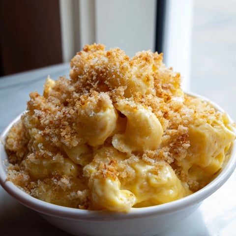 Creamy, baked macaroni and cheese topped with crispy breadcrumbs and melted cheese.  