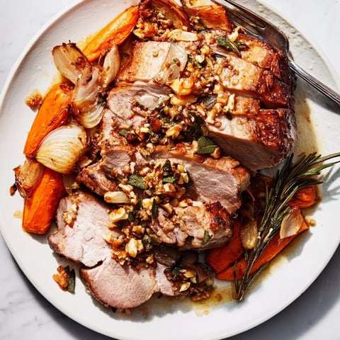 Succulent roasted herb pork shoulder garnished with tender vegetables and aromatic herbs.  