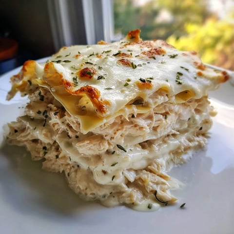 Steaming hot Rosemary Chicken Lasagna, layered generously with melted mozzarella and béchamel sauce.