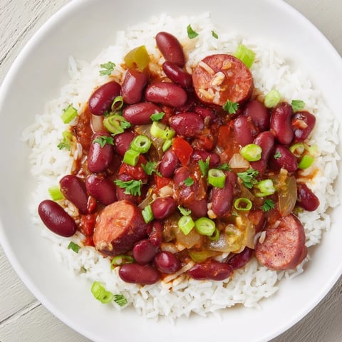 Steaming bowl of Red Beans & Rice, with creamy beans and sausage over fluffy white rice.