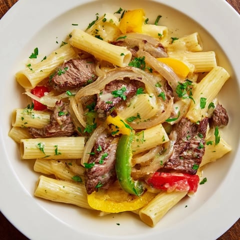 Tossed Philly Cheese Steak Pasta, savory with tender beef, peppers, onions, and melted cheese, ready to eat.