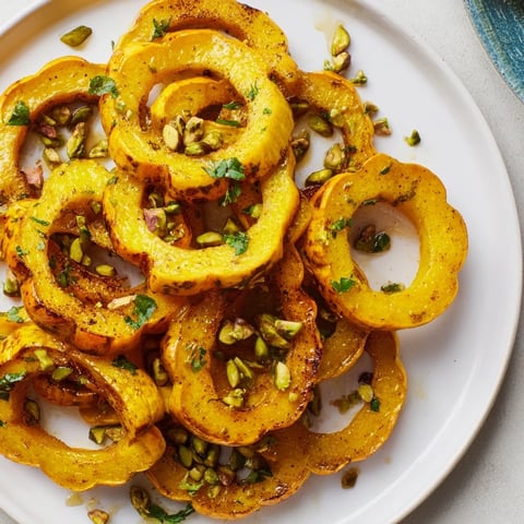 Golden-brown baked delicata squash rings, drizzled with maple syrup and sprinkled with pistachios.