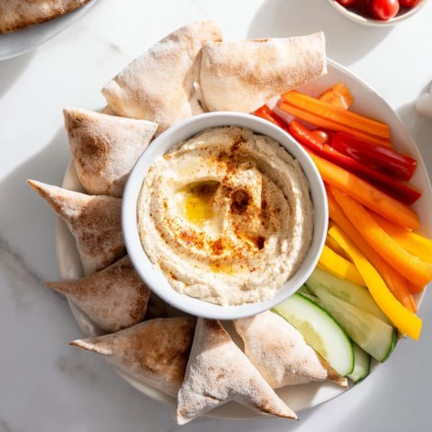 Creamy homemade hummus, warm pita bread, and cheerful colorful veggie sticks make a vibrant platter.