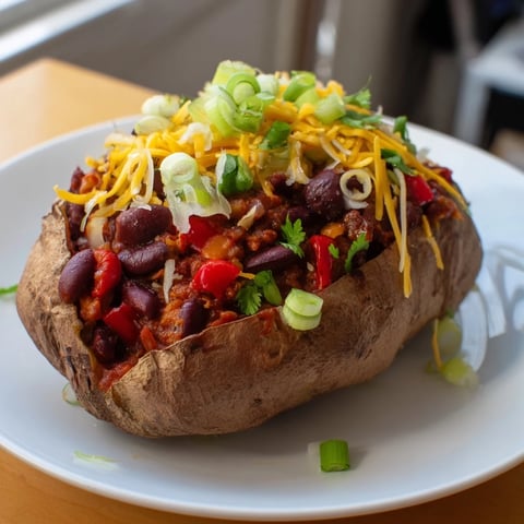 Steaming Chili-Style Baked Potatoes, loaded with savory chili and optional cheddar cheese—a warm, comforting dinner.