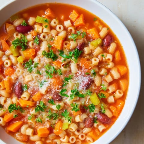 Pasta e Fagioli Soup: steaming bowl filled with rustic pasta, beans, and fresh parsley garnish.