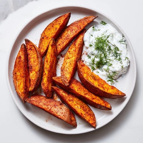 Golden, crispy roasted sweet potato wedges glistening, served with a cool yogurt dipping sauce.