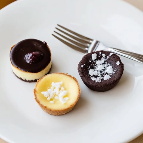 Delicate Mini Dessert Bites Trio, with creamy cheesecakes, chocolate tarts, and lemon curd tarts ready to serve.