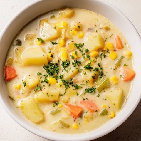Steaming bowl of Corn & Potato Chowder garnished with fresh herbs, ready to enjoy.