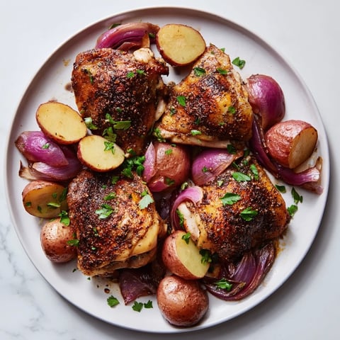 Golden, crispy Sheet Pan Zaatar Chicken with roasted potatoes, offering a delicious, flavorful, easy dinner.