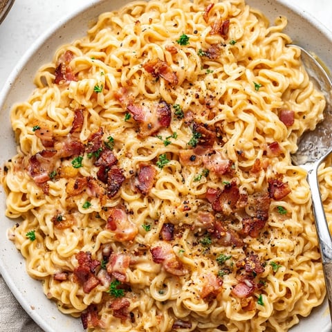 Steaming Instant Pot carbonara ramen: rich, creamy noodles with crispy bacon, ready to enjoy.