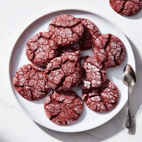 Freshly baked red velvet chocolate crinkle cookies, crackled tops and powdered sugar coating.
