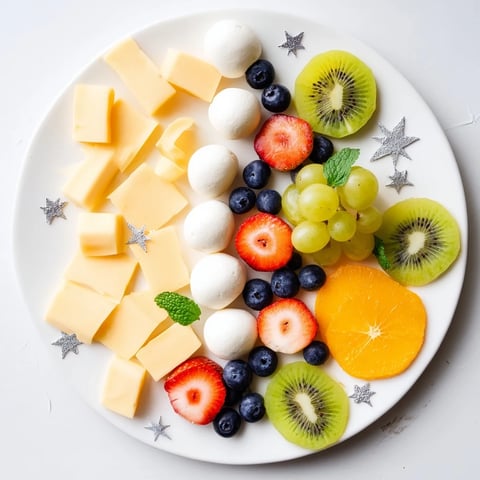 A vibrant Comet & Planet Grazing Tray with colorful fruits and cheeses, perfect for a party.
