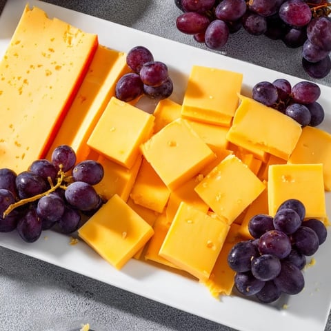 Vibrant Bauhaus Block appetizer featuring red pepper, yellow cheese, and plump, juicy grapes arranged geometrically.