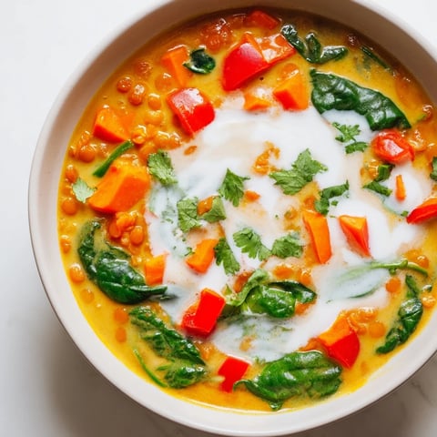 Steaming bowl of Lentil Red Curry Soup, garnished with cilantro, ready for a comforting meal.