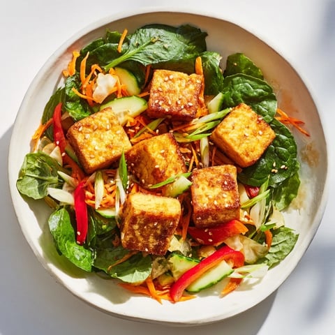 Golden, crispy tofu salad with vibrant veggies and savory ginger-soy dressing; a delicious main dish.