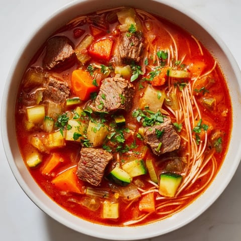 Golden bowl of Algerian Chorba, a comforting soup, garnished with fresh herbs and ready to serve.