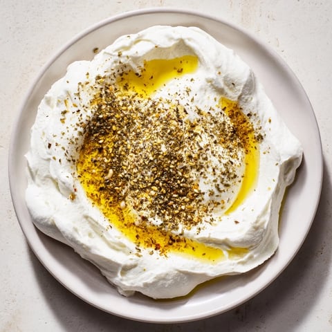 Creamy Levantine labneh cheese, drizzled with olive oil, ready to be scooped with warm pita.