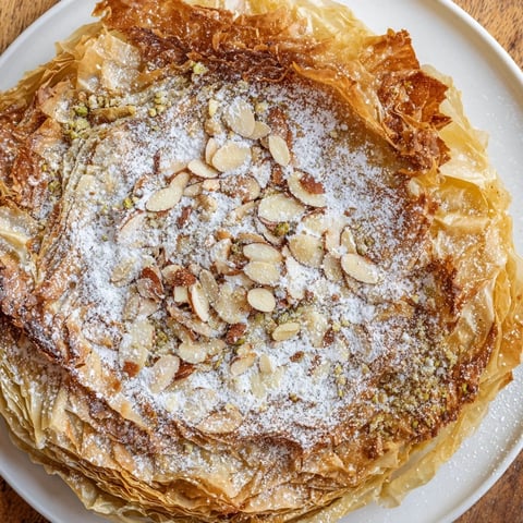 Golden-brown Moroccan Pastilla Pie, filled with savory chicken and spices, finished with a dusting of sweet cinnamon.