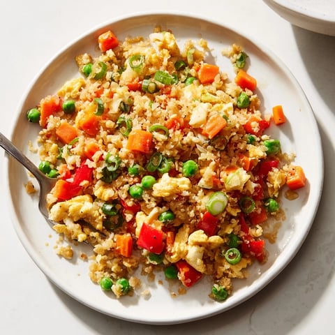 Colorful cauliflower fried rice with scrambled eggs, green onions, and vibrant bell peppers in a skillet.