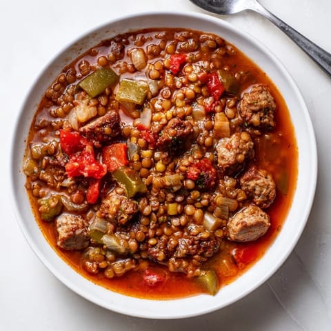 Hearty spicy lentil and sausage chili topped with fresh cilantro for added flavor.  