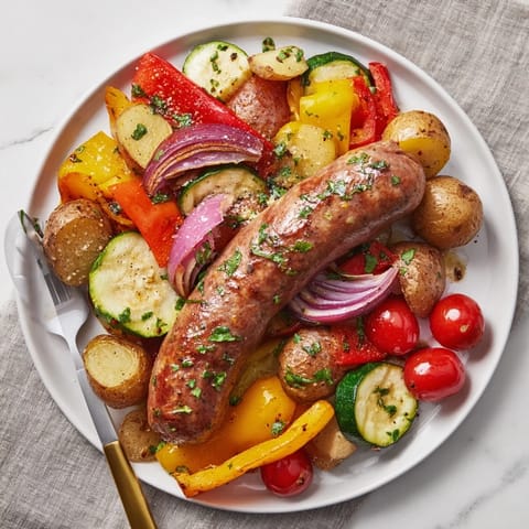 Colorful bell peppers and juicy sausages create a mouthwatering one-pan bake.  