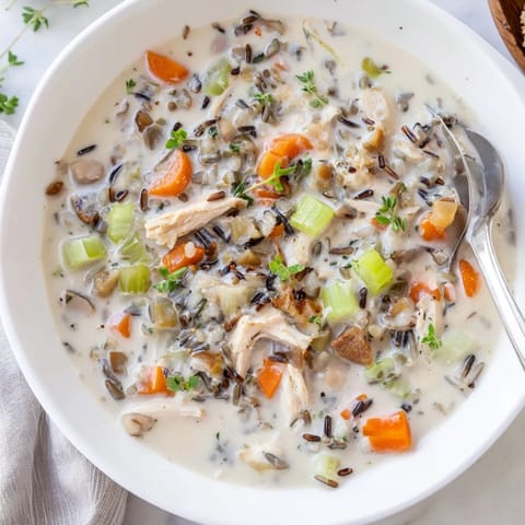 Bowls of creamy chicken and wild rice soup, steaming in the comfort of winter.  