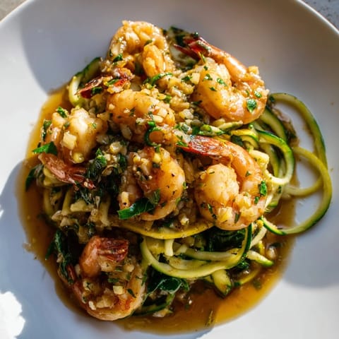 Delicious garlic butter shrimp, garnished with fresh parsley and served over zucchini noodles.  
