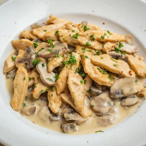 A close-up of creamy Chicken Stroganoff, the rich sauce coating perfectly cooked chicken pieces and veggies.