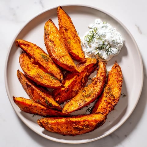 Close-up of perfectly browned roasted sweet potato wedges ready to be dipped and enjoyed.