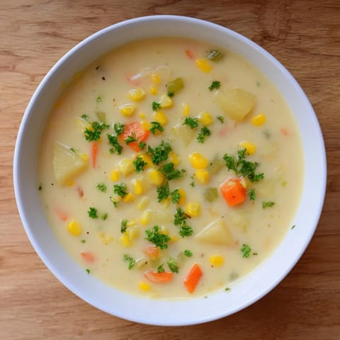 Creamy, golden Corn & Potato Chowder with chunks of tender potatoes and sweet corn.